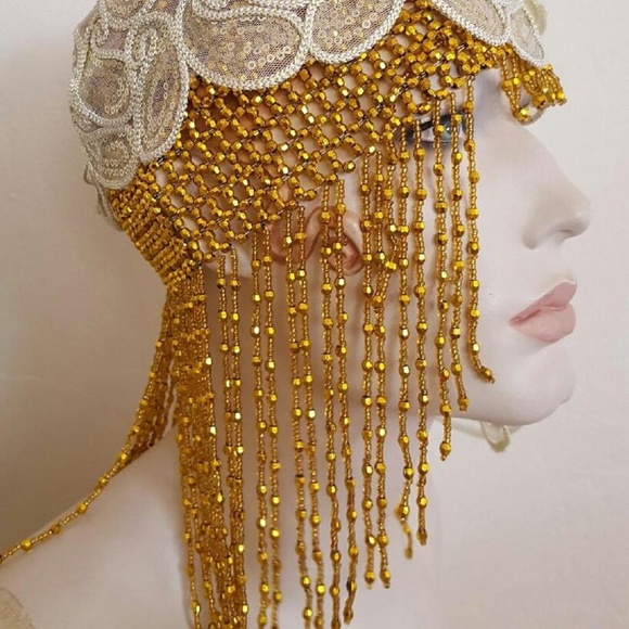 Gatsby 20's Gold Ivory Sequin Lace Headpiece - Picture 4 of 7
